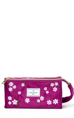 The Flat Lay Co. Open Flat Box Makeup Bag in Embroidered Daisy Plum Velvet