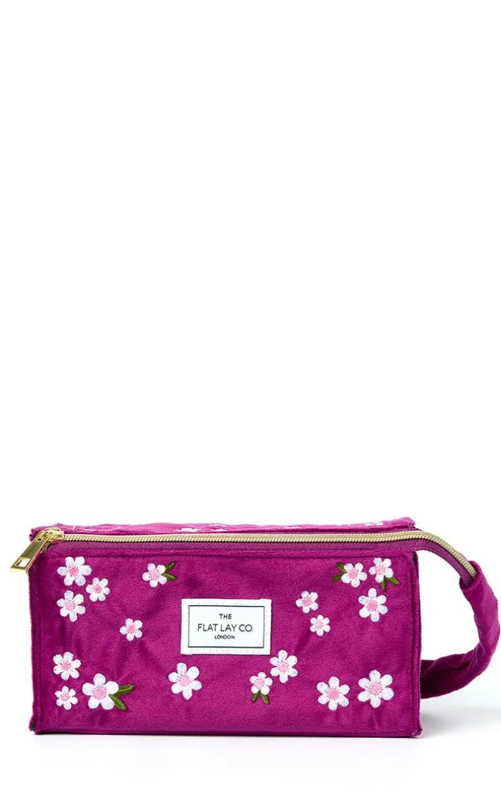The Flat Lay Co. Open Flat Box Makeup Bag in Embroidered Daisy Plum Velvet