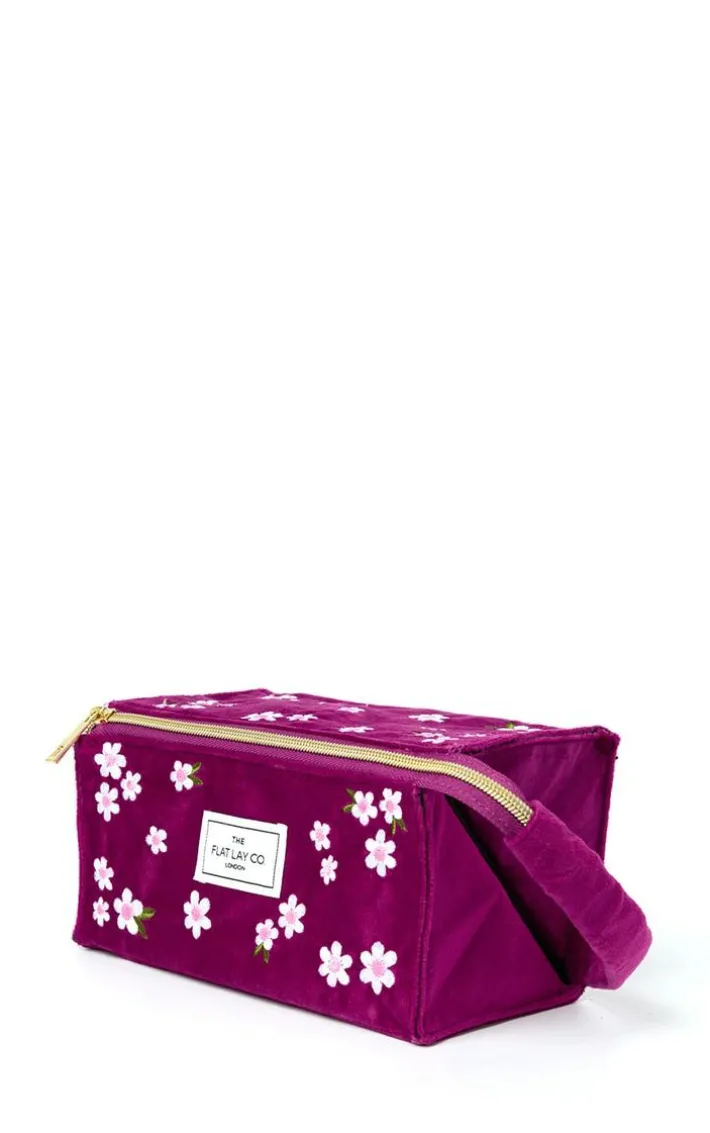 The Flat Lay Co. Open Flat Box Makeup Bag in Embroidered Daisy Plum Velvet