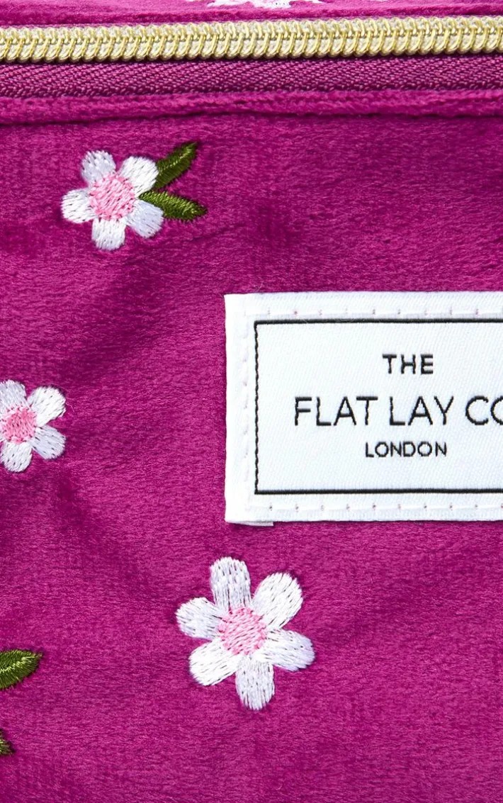 The Flat Lay Co. Open Flat Box Makeup Bag in Embroidered Daisy Plum Velvet