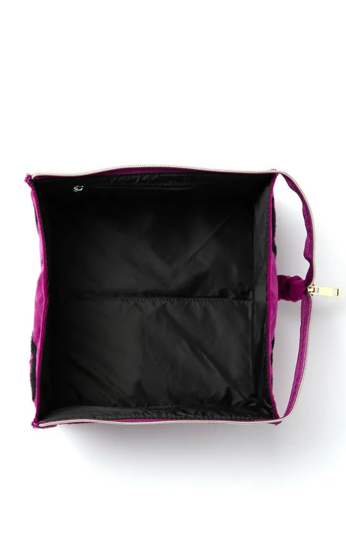 The Flat Lay Co. Open Flat Box Makeup Bag in Embroidered Daisy Plum Velvet