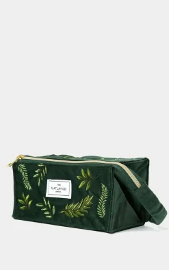 The Flat Lay Co. Open Flat Box Makeup Bag in Embroidered Leaves Green Velvet