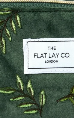 The Flat Lay Co. Open Flat Box Makeup Bag in Embroidered Leaves Green Velvet