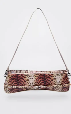 Tiger Print Pu Buckle Strap Baguette Shoulder Bag