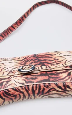 Tiger Print Pu Buckle Strap Baguette Shoulder Bag