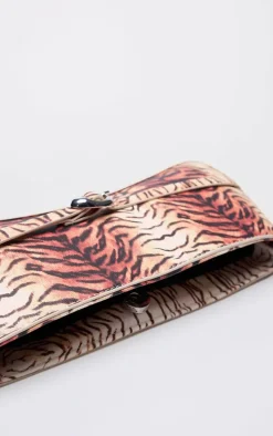 Tiger Print Pu Buckle Strap Baguette Shoulder Bag