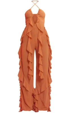Tobacco Halterneck Ruffle Wide Leg Jumpsuit