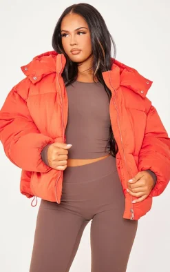 Tomato Red Peached Oversized Hooded Puffer Coat