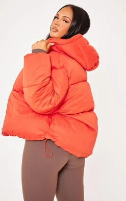 Tomato Red Peached Oversized Hooded Puffer Coat
