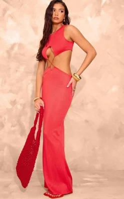 Tomato Red Sheer Textured Cut Out Cross Front Maxi Dress