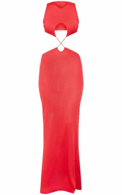 Tomato Red Sheer Textured Cut Out Cross Front Maxi Dress