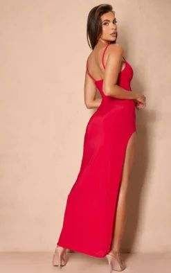 Tomato Red Slinky Lace Trim Split Detail Maxi Dress