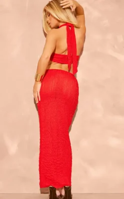 Tomato Red Textured Halterneck Cross Front Maxi Dress