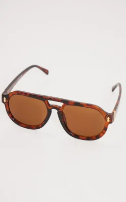 Tortoiseshell Round Frame Bar Aviator Sunglasses
