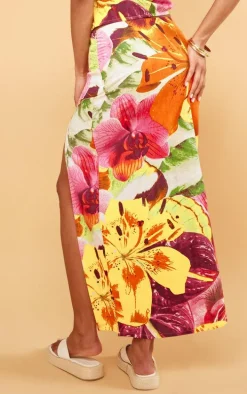 Tropical Floral Print Frill Maxi Skirt