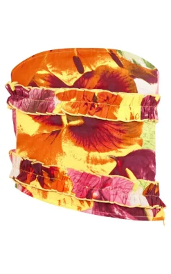 Tropical Floral Print Longline Bandeau Frill Top