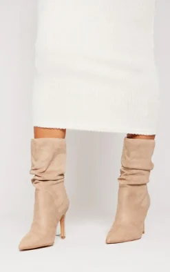 Truffle Faux Suede Point Toe Ruched High Heeled Ankle Boots