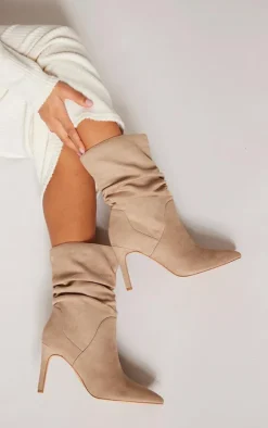 Truffle Faux Suede Point Toe Ruched High Heeled Ankle Boots
