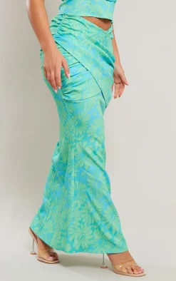 Turquoise Floral Print Woven Drape Front Midaxi Skirt