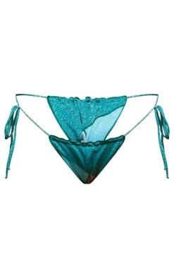 Turquoise Glitter Panel Tie Side Bikini Bottoms