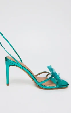 Turquoise Metallic Pu Flower Lace Up Heeled Sandals