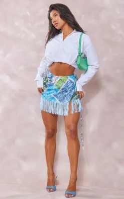 Turquoise Patchwork Print Tassel Hem Wrap Mini Skirt