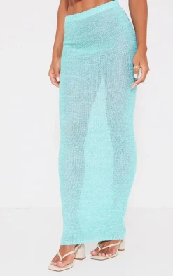 Turquoise Sequin Knit Side Split Maxi Skirt