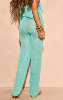 Turquoise Sequin Knit Wide Leg Floaty Pants