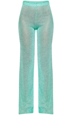 Turquoise Sequin Knit Wide Leg Floaty Pants