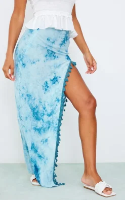 Turquoise Tie Dye Printed Knot Detail Tassel Hem Maxi Skirt