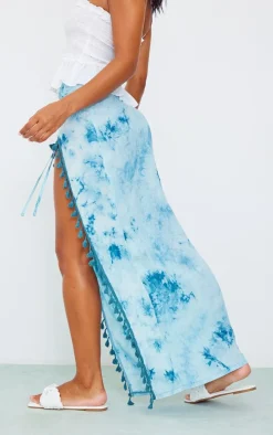 Turquoise Tie Dye Printed Knot Detail Tassel Hem Maxi Skirt