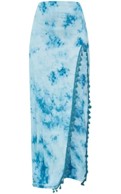 Turquoise Tie Dye Printed Knot Detail Tassel Hem Maxi Skirt