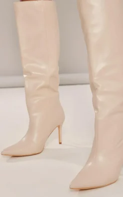 Vanilla PU Point Toe Stiletto Heeled Knee High Boots