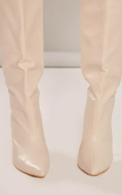 Vanilla PU Point Toe Stiletto Heeled Knee High Boots