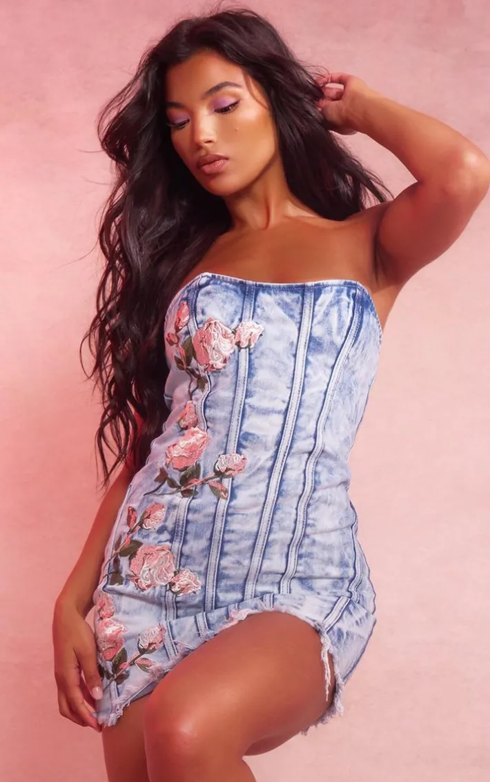 Vintage Bleach Wash Flower Embroidered Denim Mini Dress
