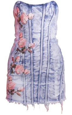 Vintage Bleach Wash Flower Embroidered Denim Mini Dress