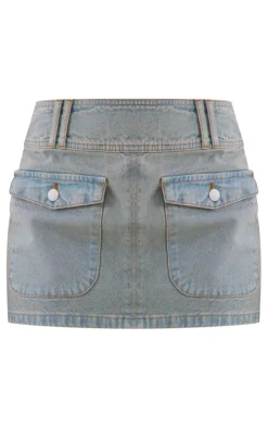 Vintage Bleach Wash Pocket Front Denim Mini Skirt