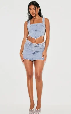 Vintage Bleach Wash Raw Hem Denim Mini Skirt