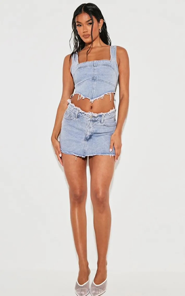 Vintage Bleach Wash Raw Hem Denim Mini Skirt