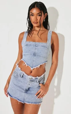 Vintage Bleach Wash Raw Hem Denim Mini Skirt