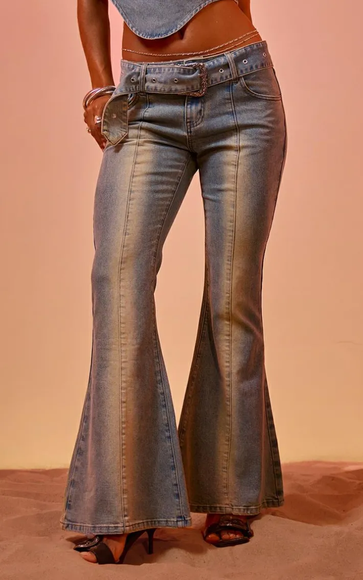 Vintage Blue Wash Buckle Detail Western Style Flared Jeans