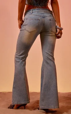 Vintage Blue Wash Buckle Detail Western Style Flared Jeans