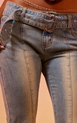 Vintage Blue Wash Buckle Detail Western Style Flared Jeans