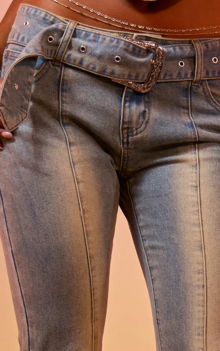 Vintage Blue Wash Buckle Detail Western Style Flared Jeans