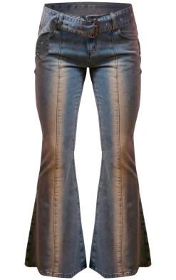 Vintage Blue Wash Buckle Detail Western Style Flared Jeans