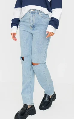 Vintage Light Blue Wash Slash Knee Long Leg Straight Leg Jeans