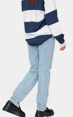 Vintage Light Blue Wash Slash Knee Long Leg Straight Leg Jeans