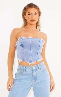 Vintage Light Wash Tie Back Raw Edge Handkerchief Denim Top