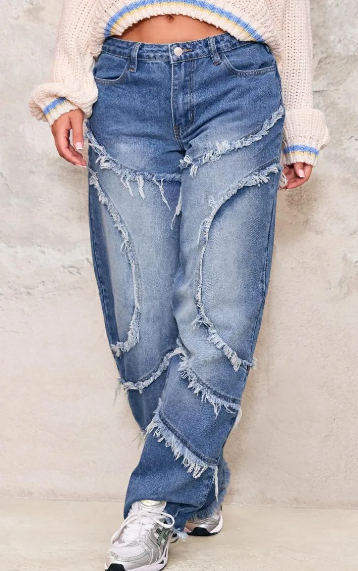 Vintage Mid Wash Asymmetric Frayed Detail Mid Rise Straight Leg Jeans