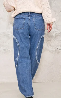Vintage Mid Wash Asymmetric Frayed Detail Mid Rise Straight Leg Jeans